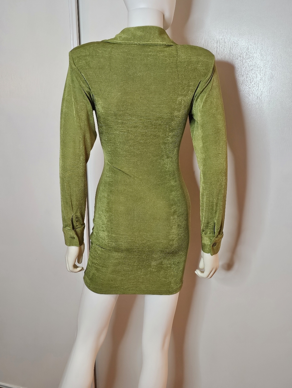 Fashion Nova Olive Green Button-Front Ruched Long Sleeve Shirt Dress Size XS - Picture 2 of 12
